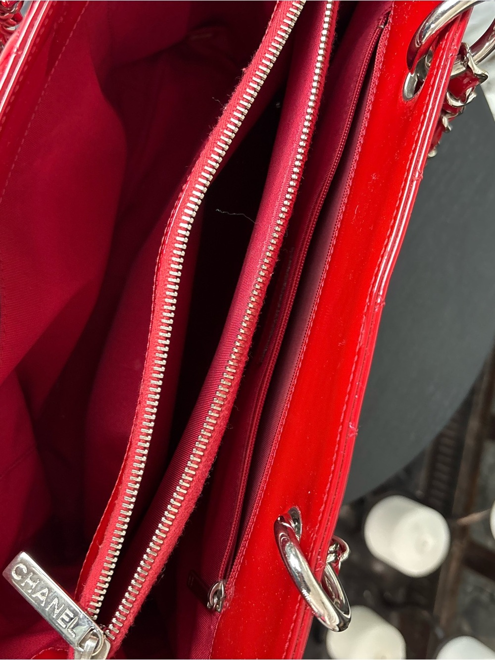CHANEL Red Quilted Patent Leather Grand Shopping Tote with Double-C Logo - Picture 11 of 15